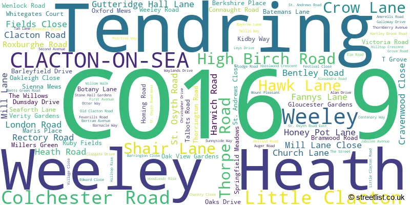 A word cloud for the CO16 9 postcode